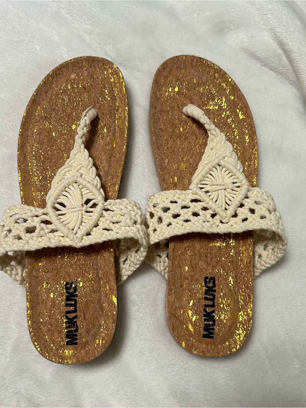 Muk Luks Cream Crochet Cork-Style Women's Sandals